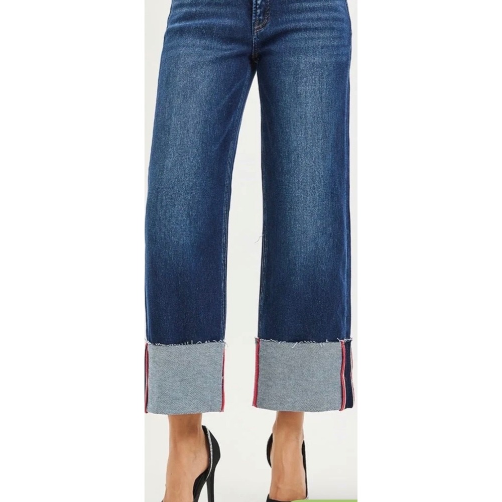 Risen Jeans Wide Leg Cuffed Hem Denim Medium Wash Striped Raw Edge Size 3 26
